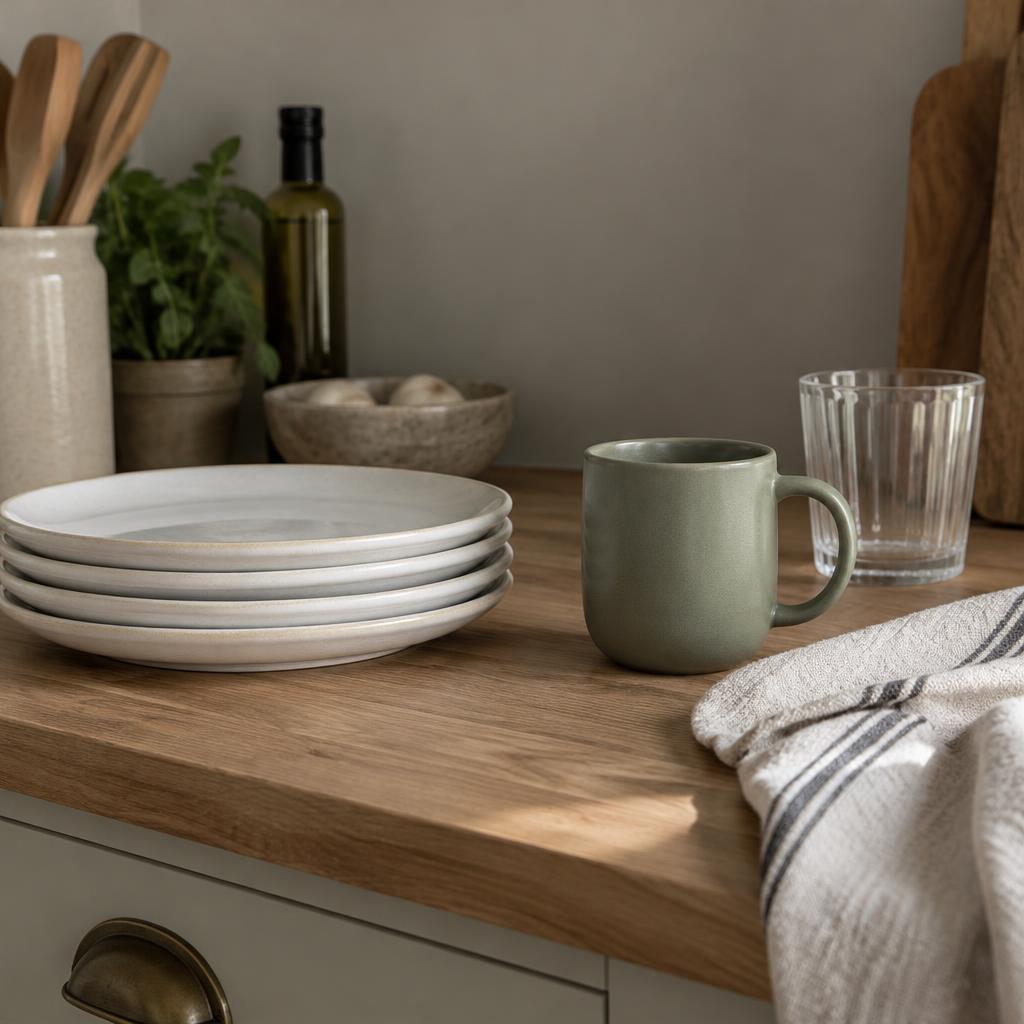 Everyday plates, glassware and a sage ceramic mug