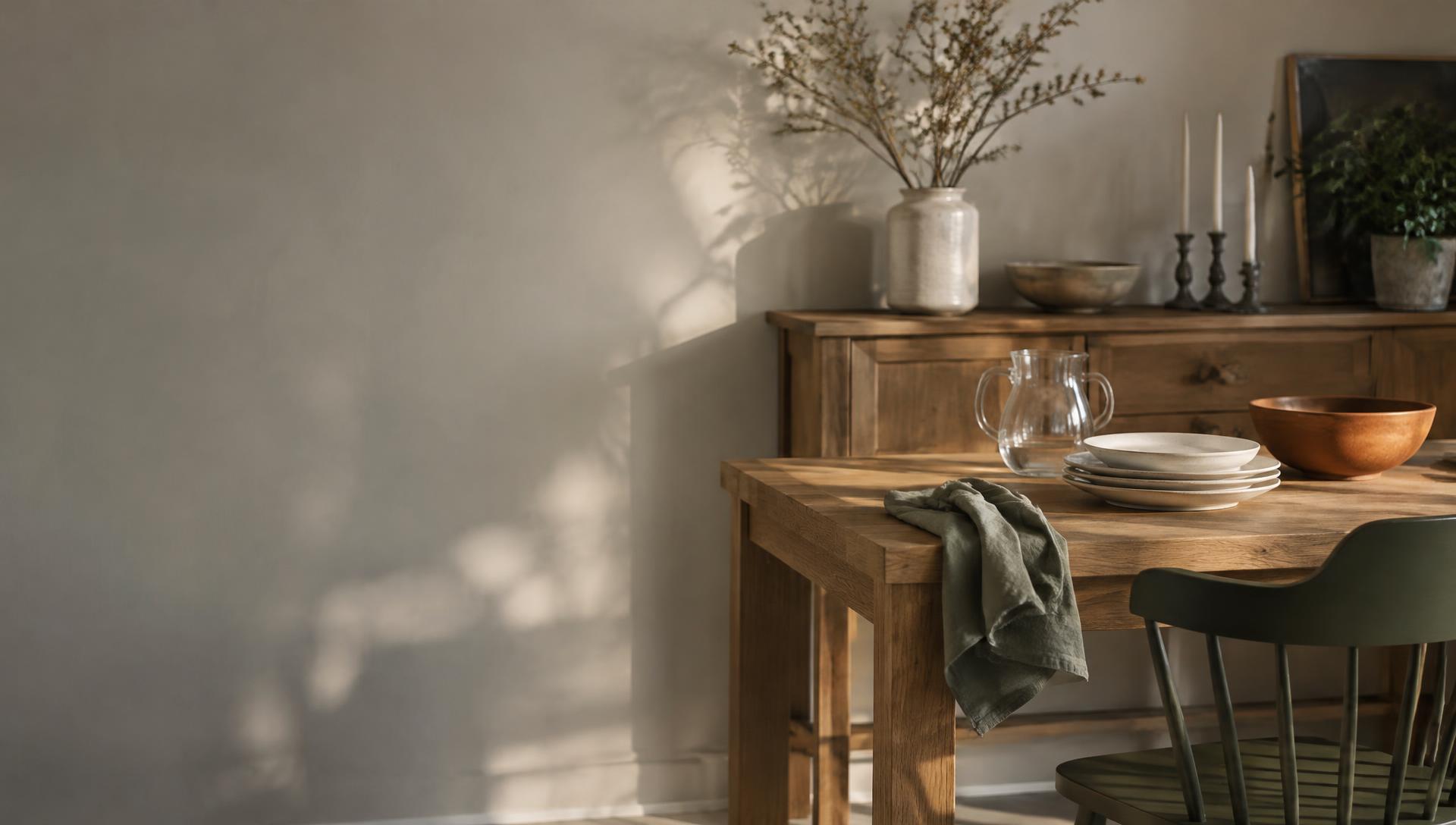 Ceramic tableware and natural textiles in a sunlit dining room